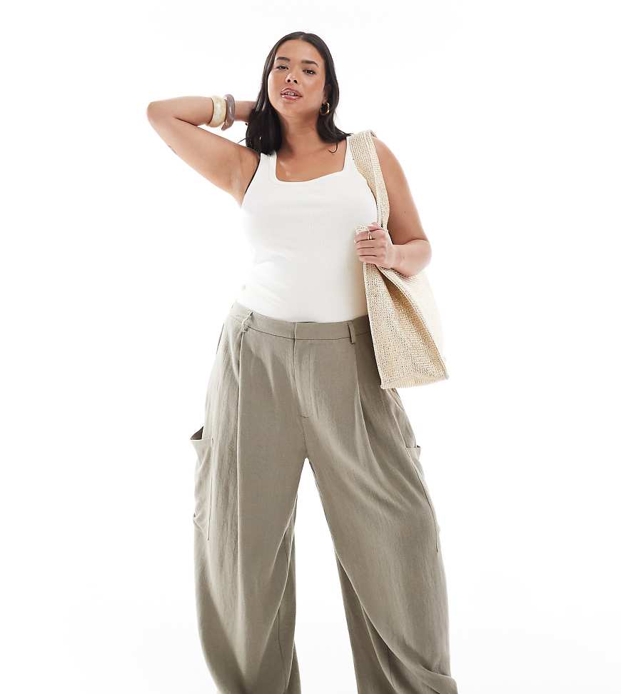 ASOS DESIGN Curve - Utility-Hose aus Leinenmix in Olivgrün mit weitem Beinschnitt von ASOS DESIGN