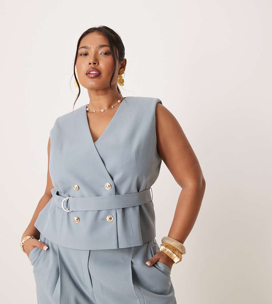 ASOS DESIGN Curve - Weste in blauer Leinenoptik mit gebundener Taille, Kombiteil von ASOS DESIGN