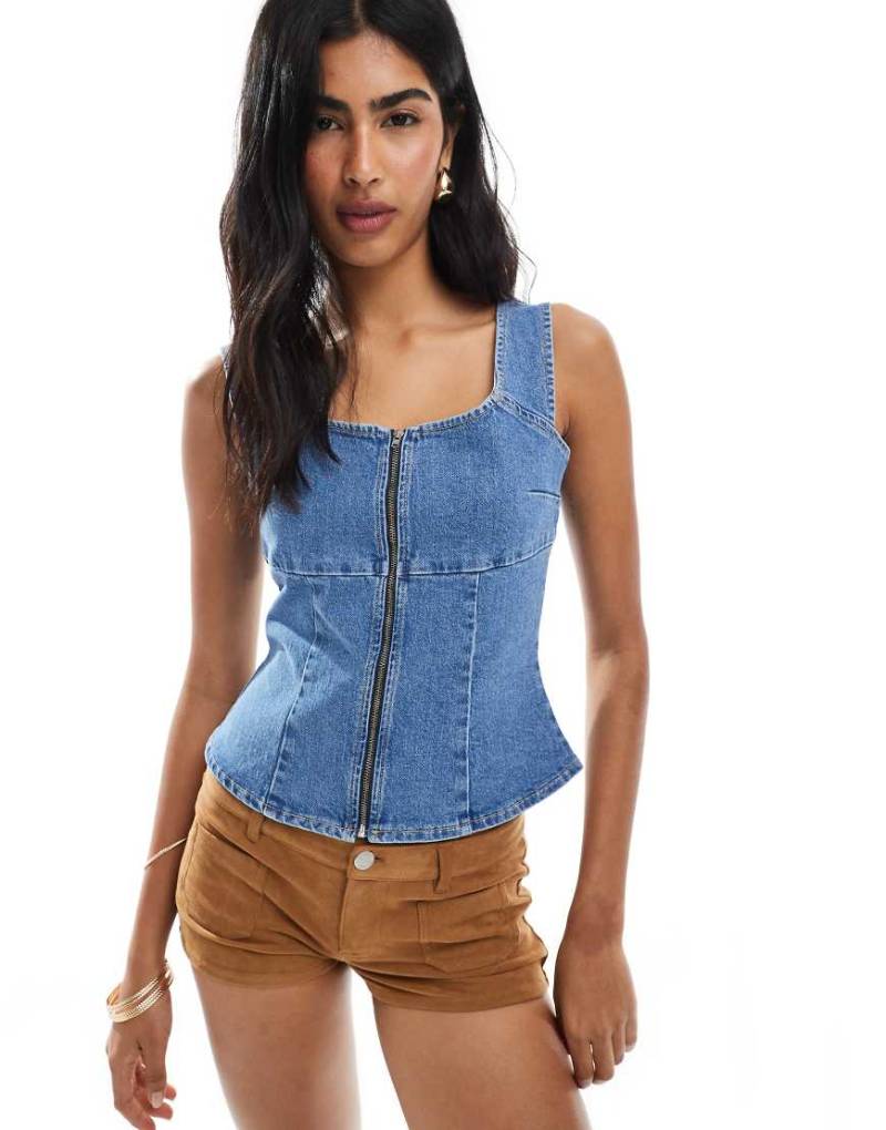 ASOS DESIGN - Denim-Oberteil in Blau mit Reißverschluss und eckigem Ausschnitt von ASOS DESIGN