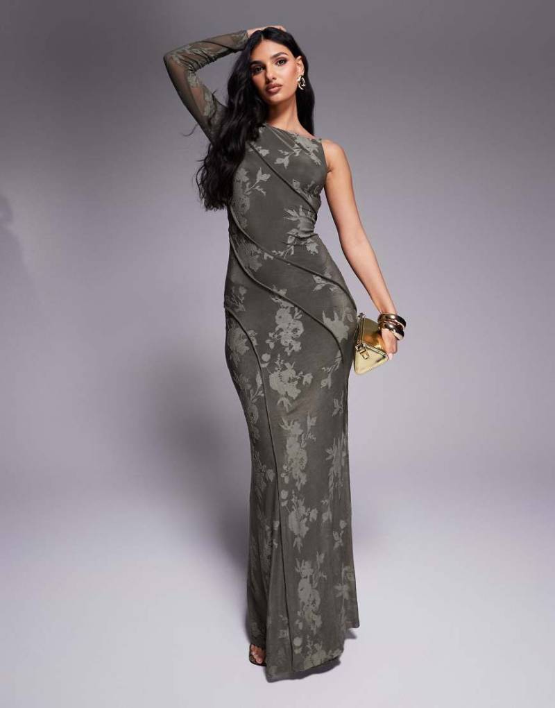 ASOS DESIGN - Devoré-Maxikleid in Khaki mit Rückenausschnitt, einem Ärmel und sichtbaren Nähten-Grün von ASOS DESIGN