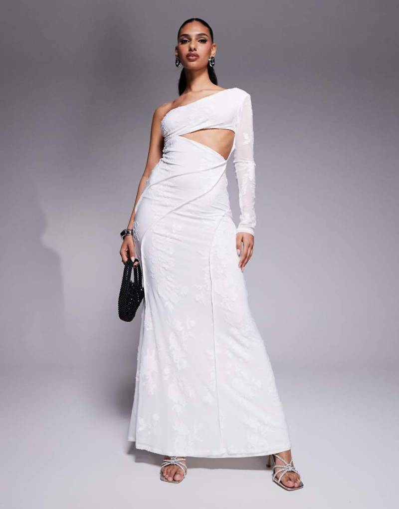 ASOS DESIGN - Devoré-Maxikleid in Weiß mit Rückenausschnitt, einem Ärmel und sichtbaren Nähten von ASOS DESIGN