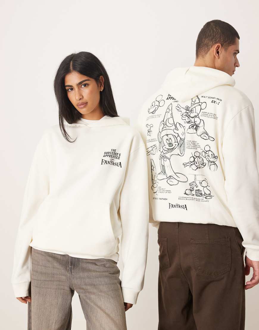ASOS DESIGN - Disney Fantasia - Locker geschnittener Unisex-Kapuzenpullover in Kokosmilchweiß mit „Disney Mickey Mouse"-Print von ASOS DESIGN