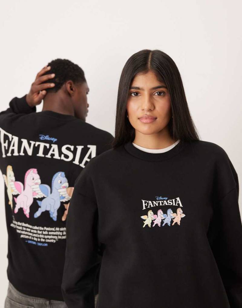 ASOS DESIGN - Disney Fantasia - Locker geschnittenes Unisex-Sweatshirt mit plastischem Einhorn-Print in Schwarz-Weiß von ASOS DESIGN
