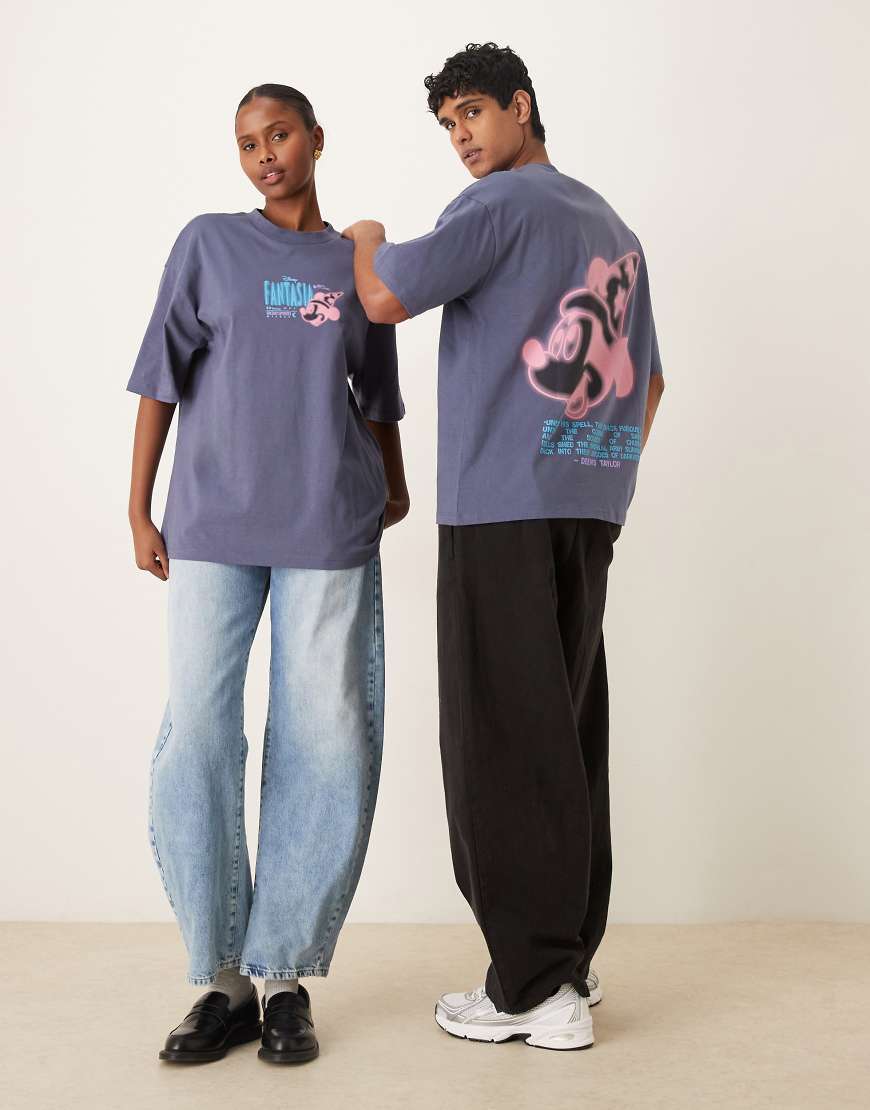 ASOS DESIGN - Disney Fantasia - T-Shirt in Blau mit Oversize-Schnitt und Mickey-Maus-Schaumprints von ASOS DESIGN