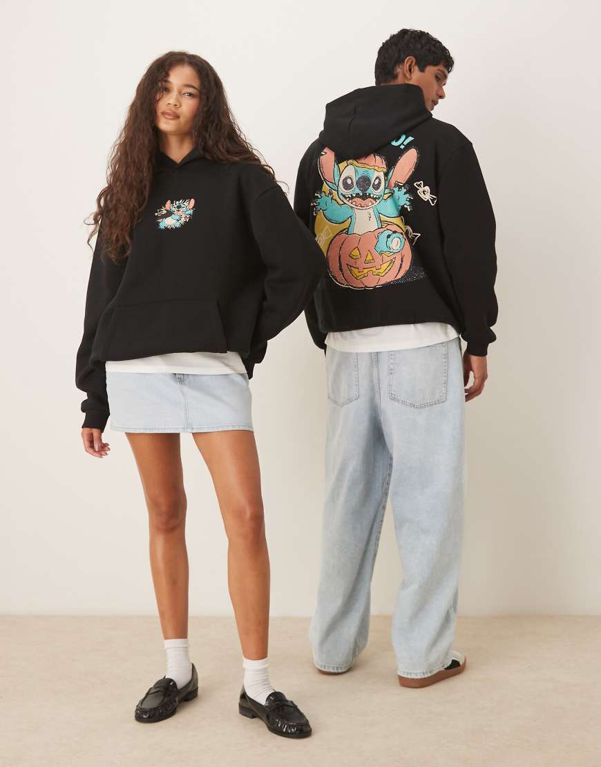 ASOS DESIGN - Disney Halloween - Unisex-Kapuzenpullover in Dunkelgrün mit Stitch-Prints und Oversize-Passform-Schwarz von ASOS DESIGN