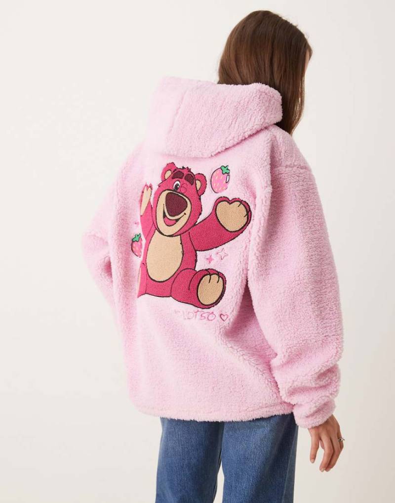 ASOS DESIGN - Disney - Relaxed-Fit-Kapuzenpullover aus Teddyfell in Rosa mit Micky Maus-Print von ASOS DESIGN