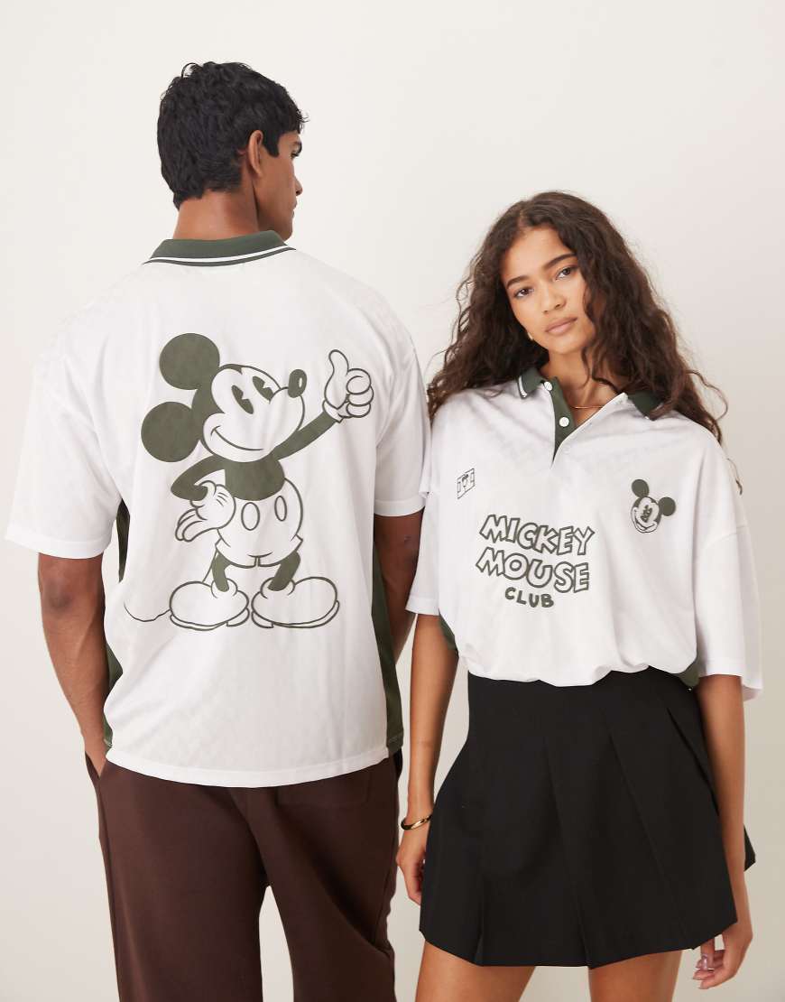 ASOS DESIGN - Disney - Oversize-T-Shirt im Fußball-Stil mit Mickey-Mouse-Prints in Weiß und Unisex-Schnitt von ASOS DESIGN