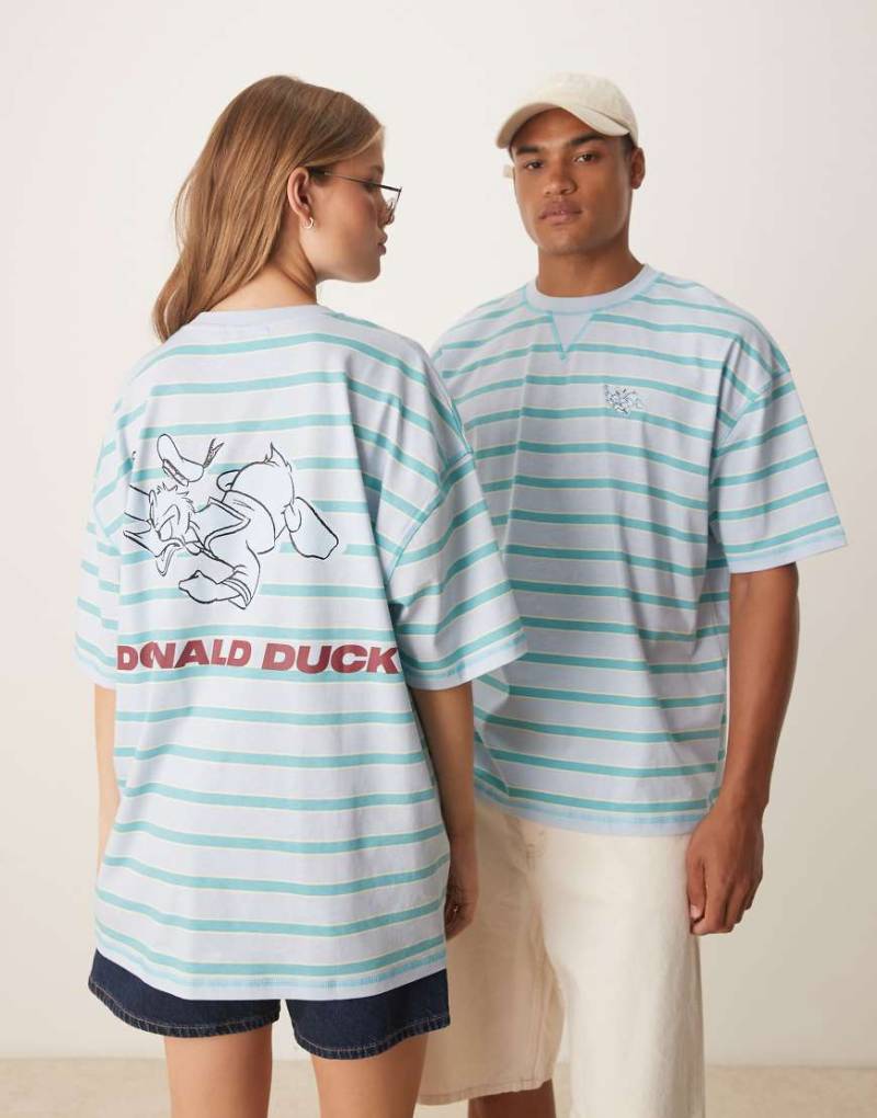 ASOS DESIGN - Disney - Oversize-T-Shirt in Blau mit „Donald Duck"-Prints und Nadelstreifen von ASOS DESIGN