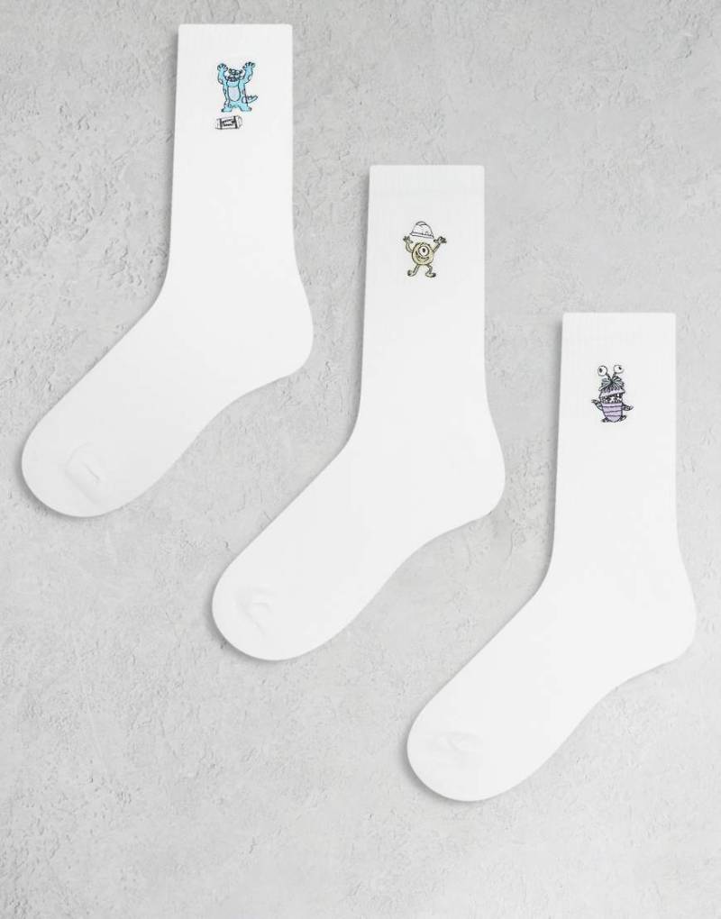 ASOS DESIGN - Disney Pixar - 3er-Pack Socken in Weiß mit Monster-AG-Stickerei von ASOS DESIGN