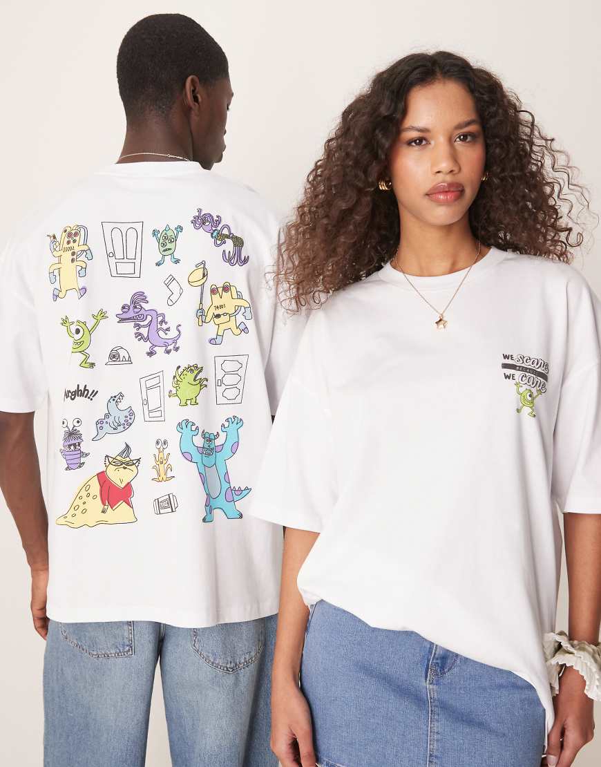 ASOS DESIGN - Disney Pixar - Unisex-T-Shirt in Beige mit Oversize-Schnitt und „Monsters, Inc."-Skizzenprints-Weiß ASOS DESIGN - Disney Pixar - Unisex-T-Shirt in Beige mit Oversize-Schnitt und „Monsters, Inc."-Skizzenprints-Weiß von ASOS DESIGN
