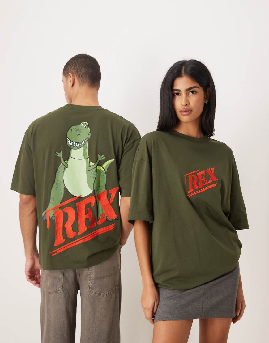 ASOS DESIGN - Disney Pixar - Unisex-T-Shirt in Grün mit „Toy Story Rex"-Prints und Oversize-Schnitt-Weiß von ASOS DESIGN