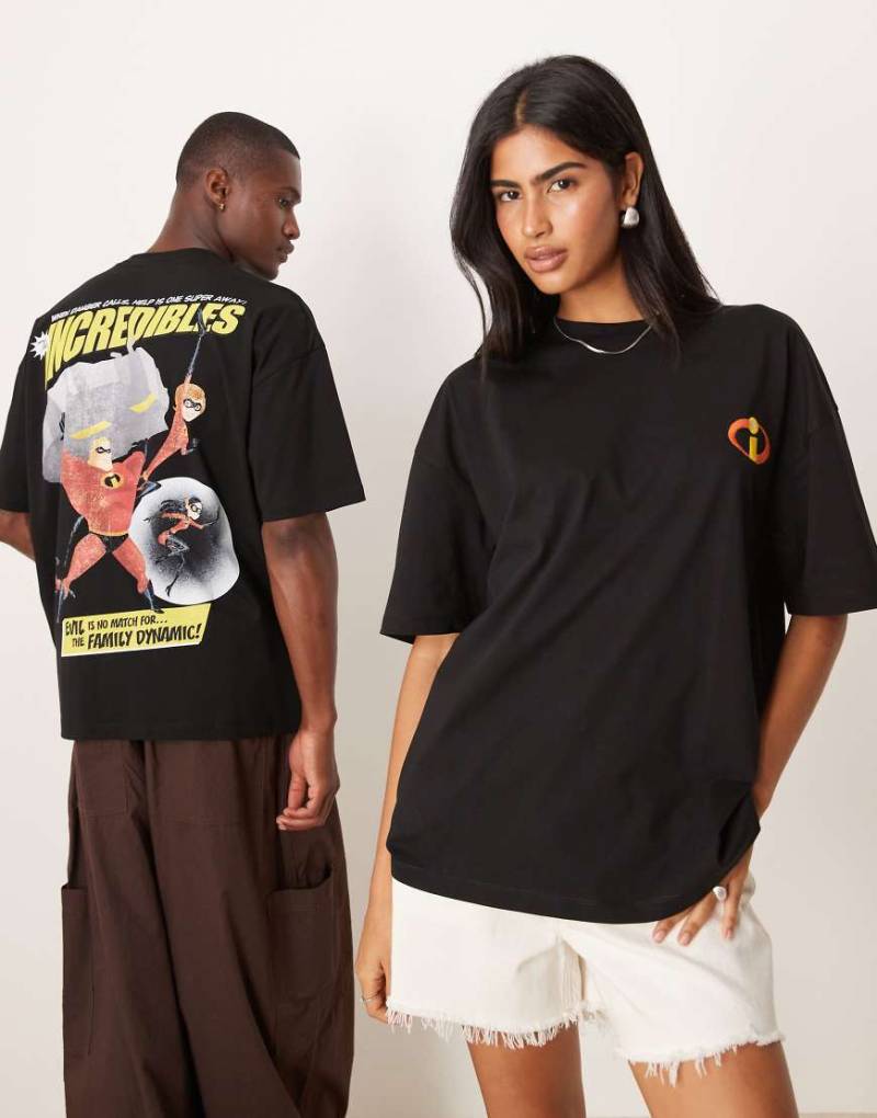 ASOS DESIGN - Disney Pixar - Unisex-T-Shirt in Schwarz mit Oversize-Schnitt und „The Incredibles"-Prints von ASOS DESIGN