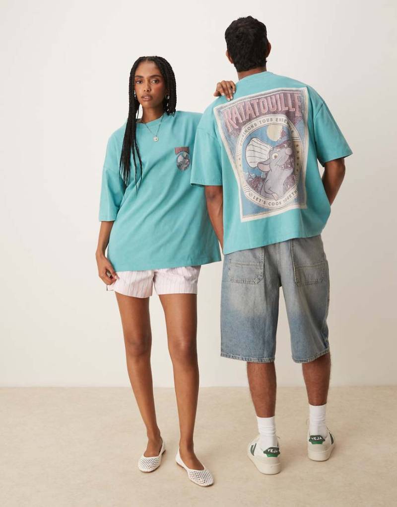 ASOS DESIGN - Disney Pixar - Unisex-T-Shirt in Türkis mit „Ratatouille"-Skizzenprints und Oversize-Passform-Blau von ASOS DESIGN