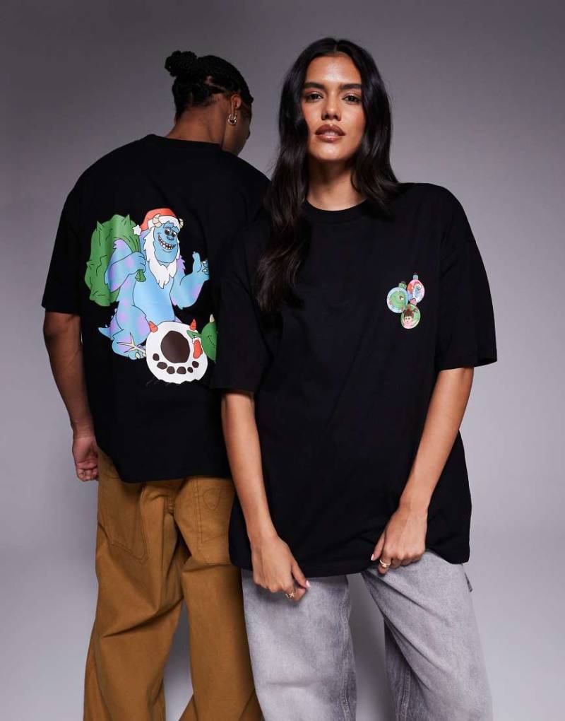 ASOS DESIGN - Disney Pixar - Weihnachtliches Unisex-T-Shirt in Schwarz mit Monster-AG-Grafikprints im Oversize-Schnitt von ASOS DESIGN