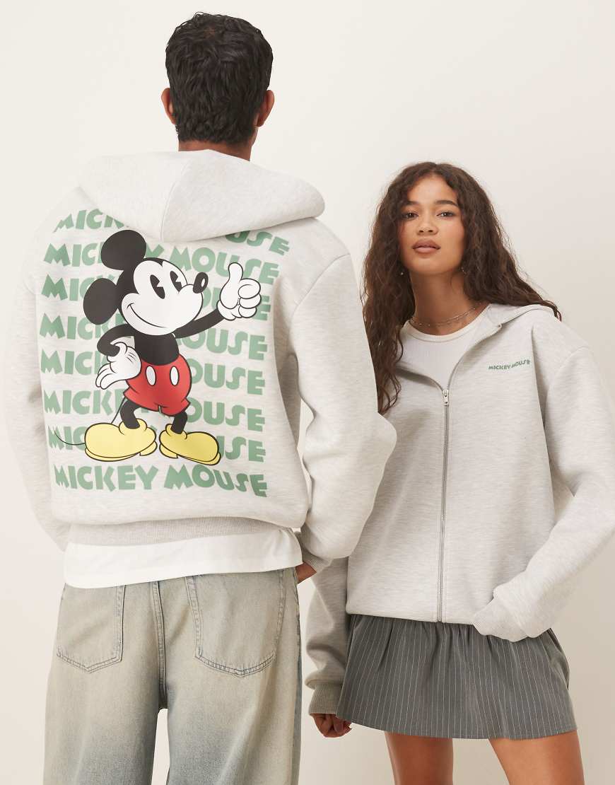 ASOS DESIGN - Disney - Unisex-Kapuzenjacke aus Material in Neoprenoptik in Grau mit „Mickey Mouse"-Print und durchgehendem Reißverschluss ASOS DESIGN - Disney - Unisex-Kapuzenjacke aus Material in Neoprenoptik in Grau mit „Mickey Mouse"-Print und durchgehendem Reißverschluss von ASOS DESIGN