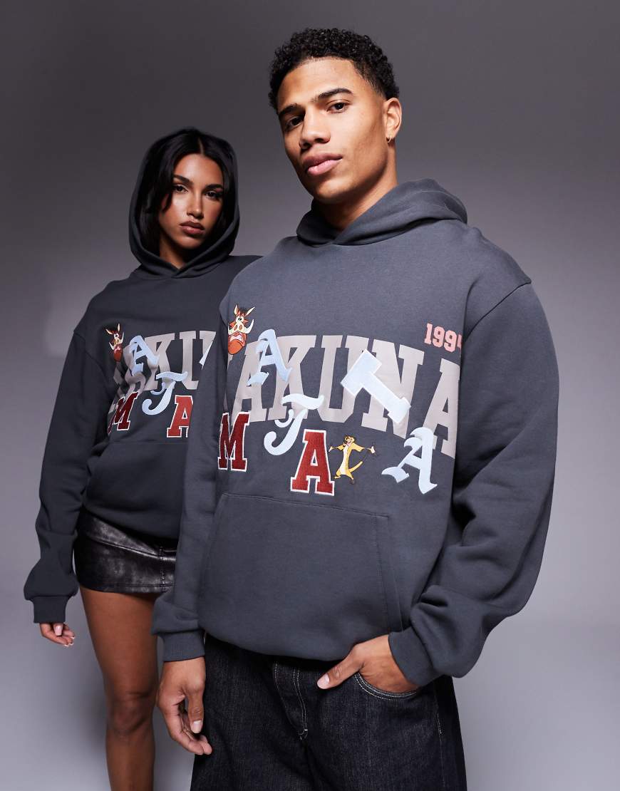 ASOS DESIGN - Disney - Unisex-Kapuzenpullover in Schwarz mit Oversize-Passform und „König der Löwen Hakuna Matata"-Print-Grau ASOS DESIGN - Disney - Unisex-Kapuzenpullover in Schwarz mit Oversize-Passform und „König der Löwen Hakuna Matata"-Print-Grau von ASOS DESIGN