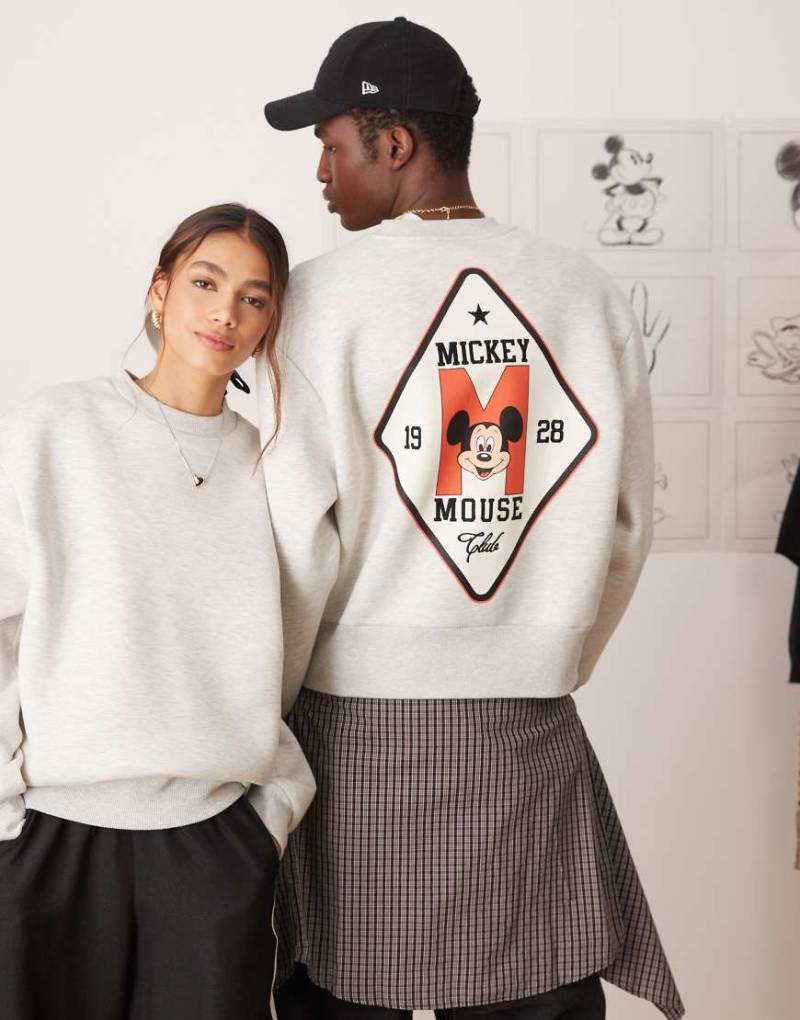 ASOS DESIGN - Disney - Kastiges Unisex-Sweatshirt aus neoprenartigem Material in meliertem Grau mit „Mickey Mouse"-Prints und Oversize-Passform von ASOS DESIGN