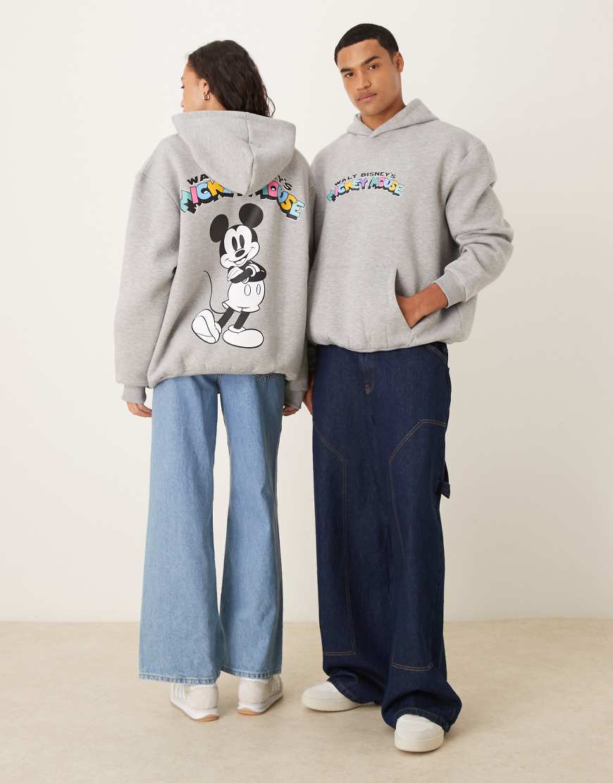 ASOS DESIGN - Disney - Unisex - Oversize-Kapuzenpullover aus Material in Neoprenoptik in Grau mit „Mickey Mouse"-Print von ASOS DESIGN