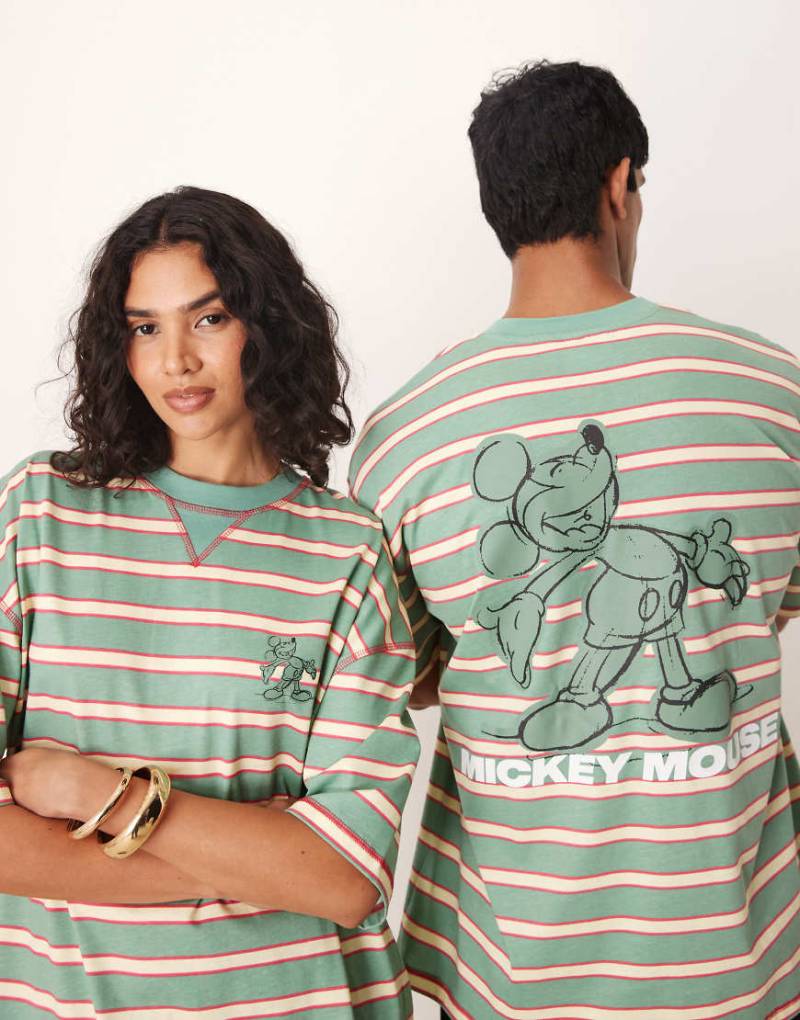 ASOS DESIGN - Disney - Unisex-T-Shirt in Grün mit Oversize-Schnitt, „Mickey Mouse"-Print und Nadelstreifen von ASOS DESIGN