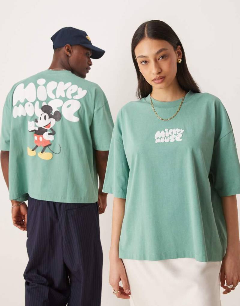 ASOS DESIGN - Disney - Unisex-T-Shirt in Grün mit kastigem Oversize-Schnitt und „Mickey Mouse"-Prints von ASOS DESIGN
