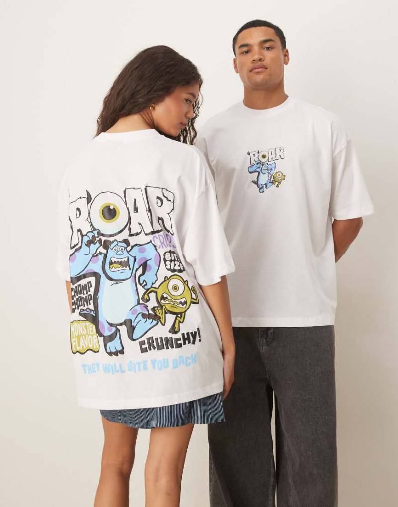 ASOS DESIGN - Disney Pixar - Unisex-T-Shirt in Weiß mit Oversize-Schnitt und „Monsters, Inc."-Skizzenprint von ASOS DESIGN