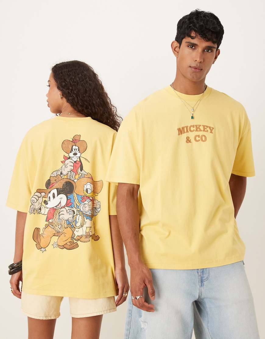 ASOS DESIGN - Disney - Unisex-T-Shirt in verwaschenem Gelb mit Oversize-Schnitt und „Mickey Mouse and Friends"-Westernprints ASOS DESIGN - Disney - Unisex-T-Shirt in verwaschenem Gelb mit Oversize-Schnitt und „Mickey Mouse and Friends"-Westernprints von ASOS DESIGN
