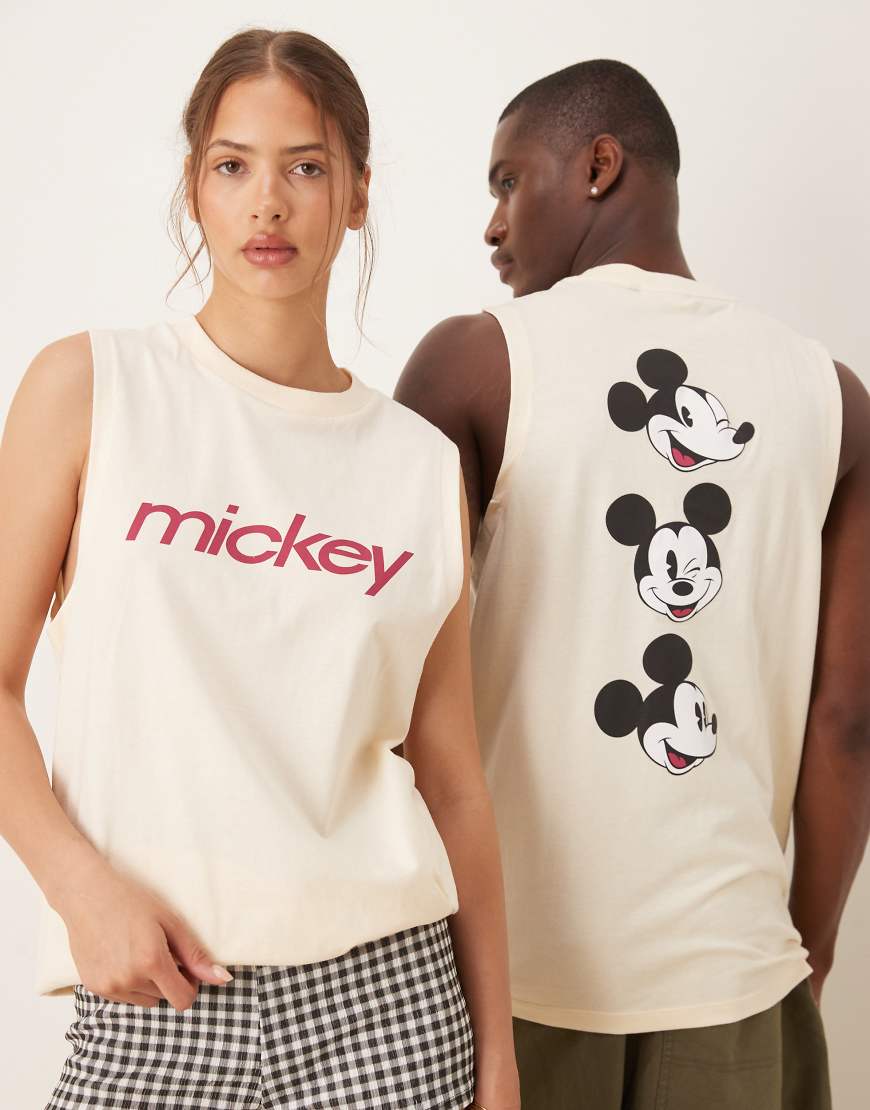 ASOS DESIGN - Disney - Unisex-Trägertop in Buttergelb mit „Mickey"-Textprint, Micky-Maus-Motivprint und Oversize-Passform von ASOS DESIGN
