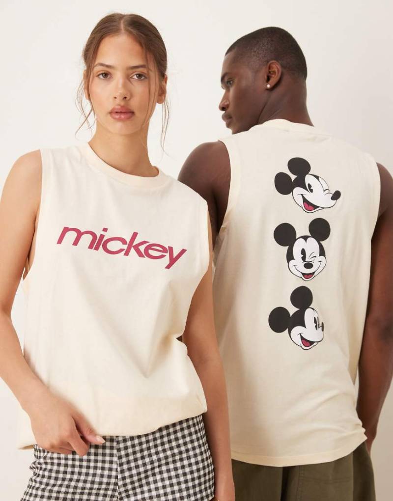 ASOS DESIGN - Disney - Unisex-Trägertop in Buttergelb mit „Mickey"-Textprint, Micky-Maus-Motivprint und Oversize-Passform von ASOS DESIGN