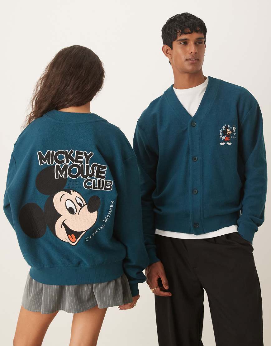 ASOS DESIGN - Disney - Unisex-Strickjacke in Dunkelgrün mit „Mickey Mouse"-Print und Oversize-Passform von ASOS DESIGN