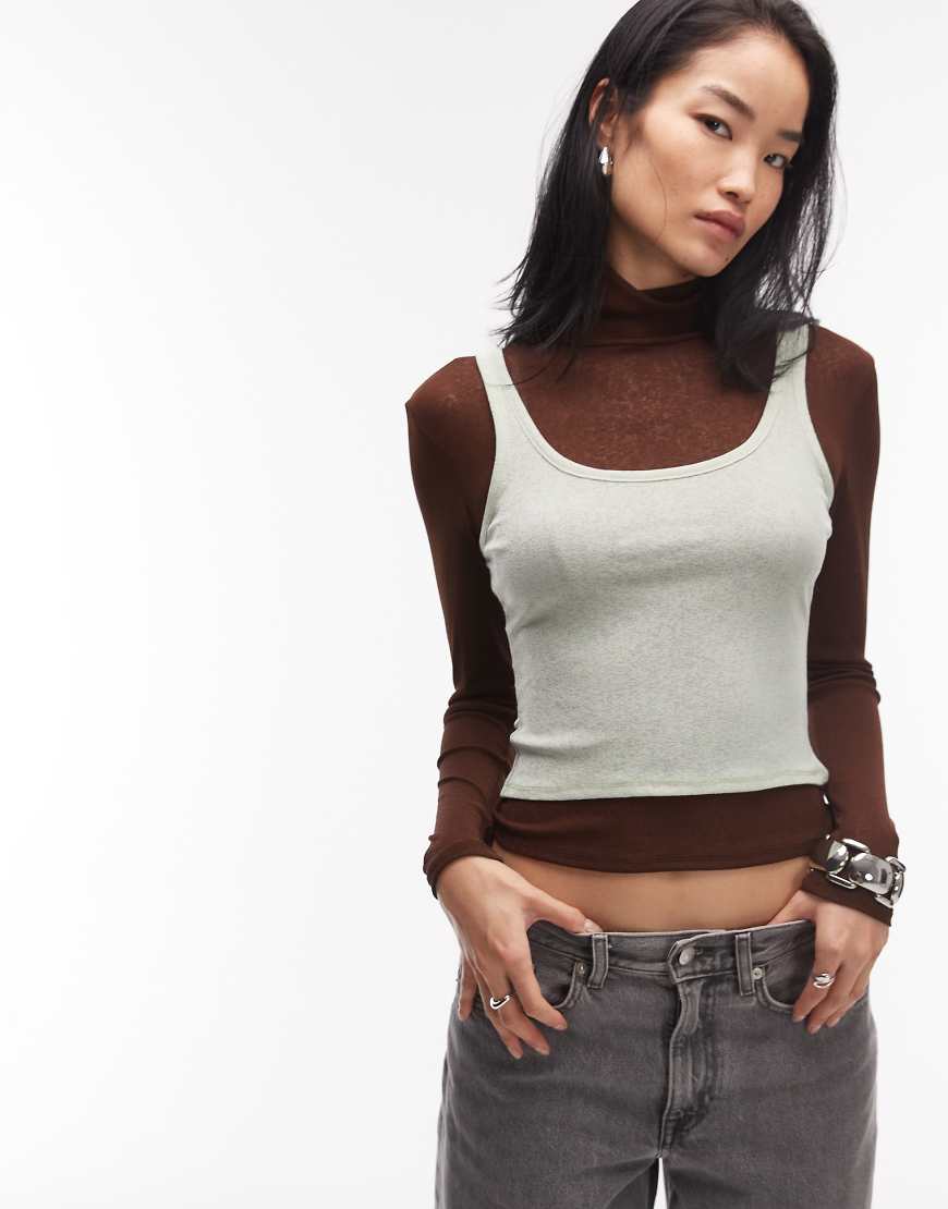 ASOS DESIGN - Doppellagiges, langärmliges und durchscheinendes Oberteil in Schokobraun und Minzgrün mit Stehkragen-Bunt von ASOS DESIGN