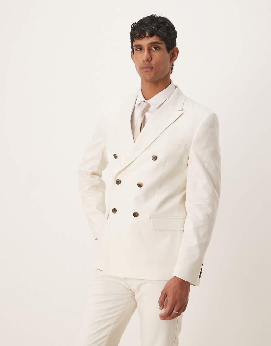 ASOS DESIGN - Zweireihige, schmal geschnittene Anzugjacke aus Leinenmix in Ecru-Creme-Weiß ASOS DESIGN - Zweireihige, schmal geschnittene Anzugjacke aus Leinenmix in Ecru-Creme-Weiß von ASOS DESIGN