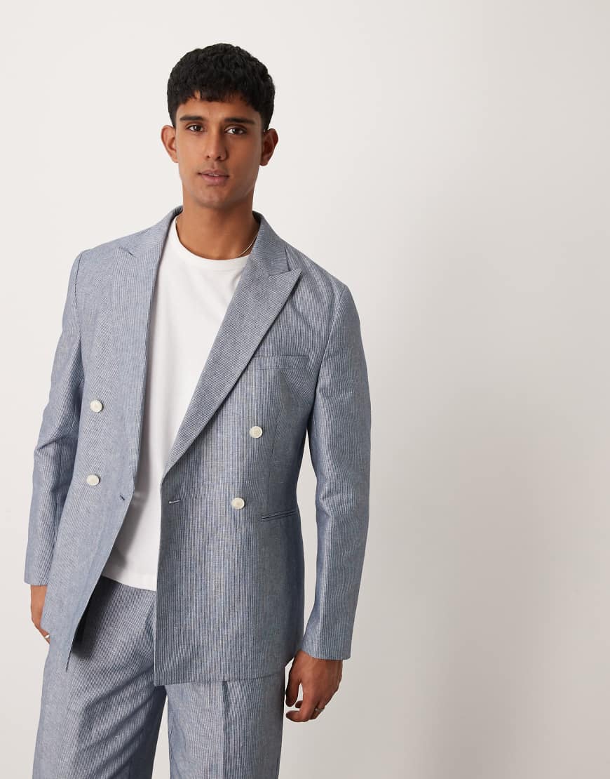 ASOS DESIGN - Doppelreihige Anzugjacke in Indigoblau mit Streifen und Leinenanteil in regulärer Passform-Marineblau von ASOS DESIGN