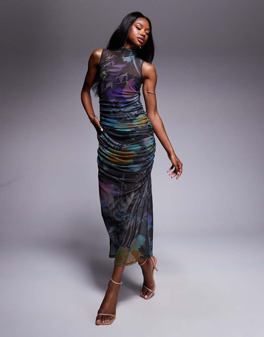 ASOS DESIGN - Drapiertes Kleid aus gerafftem Mesh mit abstraktem Print und Stehkragen-Bunt ASOS DESIGN - Drapiertes Kleid aus gerafftem Mesh mit abstraktem Print und Stehkragen-Bunt von ASOS DESIGN
