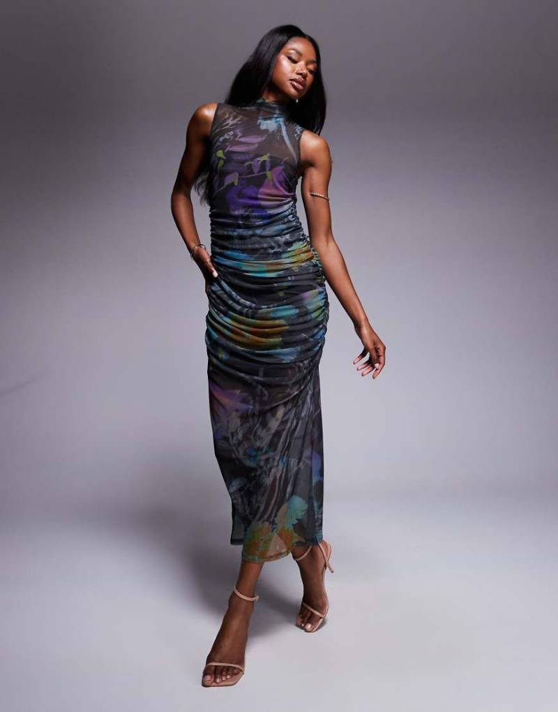 ASOS DESIGN - Drapiertes Kleid aus gerafftem Mesh mit abstraktem Print und Stehkragen-Bunt von ASOS DESIGN