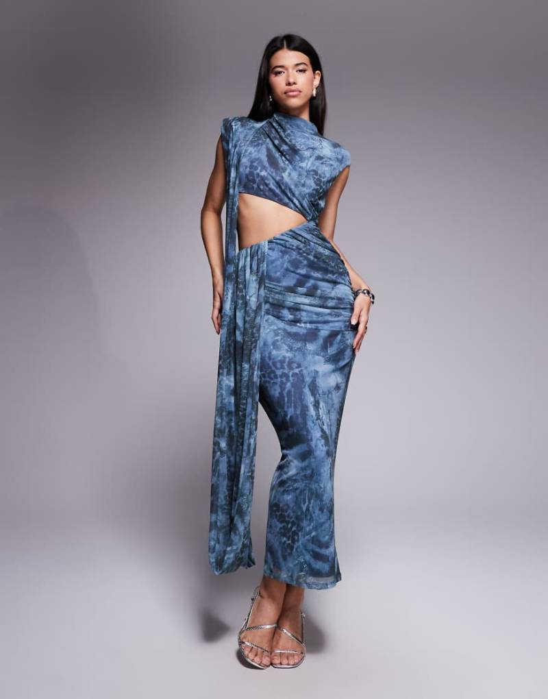 ASOS DESIGN - Drapiertes Maxikleid aus Netzstoff mit floralem Animalprint und Cut-out-Bunt von ASOS DESIGN