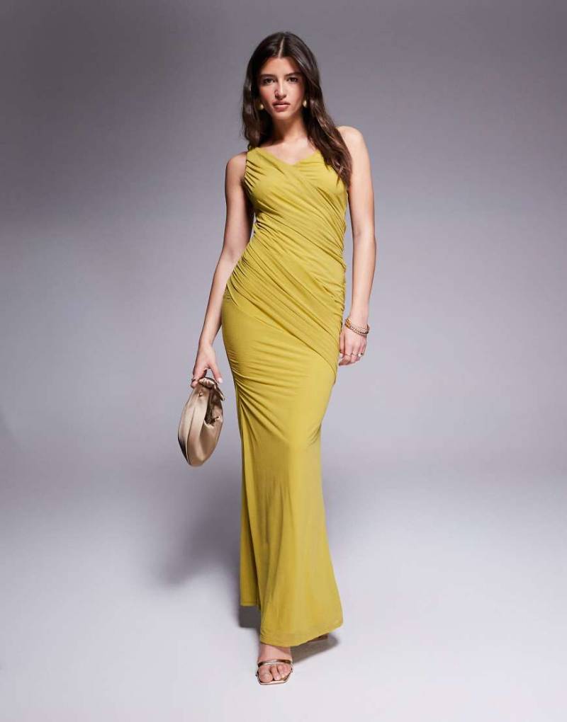 ASOS DESIGN - Drapiertes Maxikleid aus Stretch-Chiffon in Hellgrün mit Knotendetail-Gelb von ASOS DESIGN