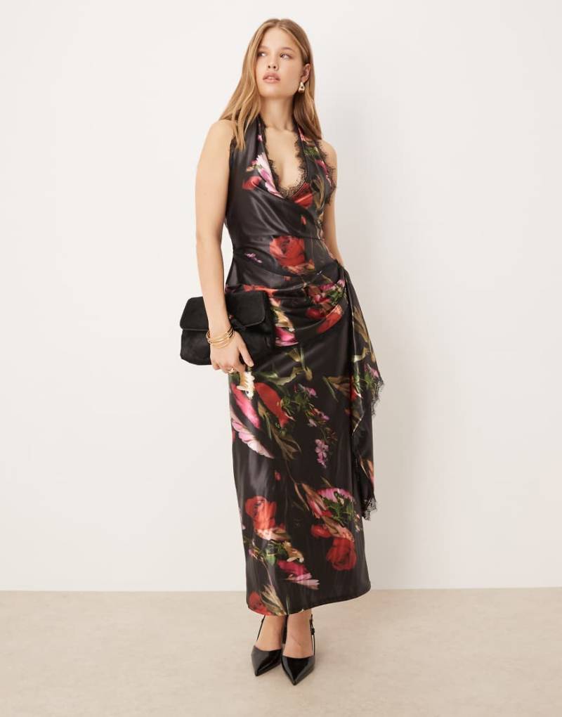ASOS DESIGN - Drapiertes Maxikleid aus Stretch-Satin mit Spitzenborte und dunklem Blumenmuster-Bunt von ASOS DESIGN