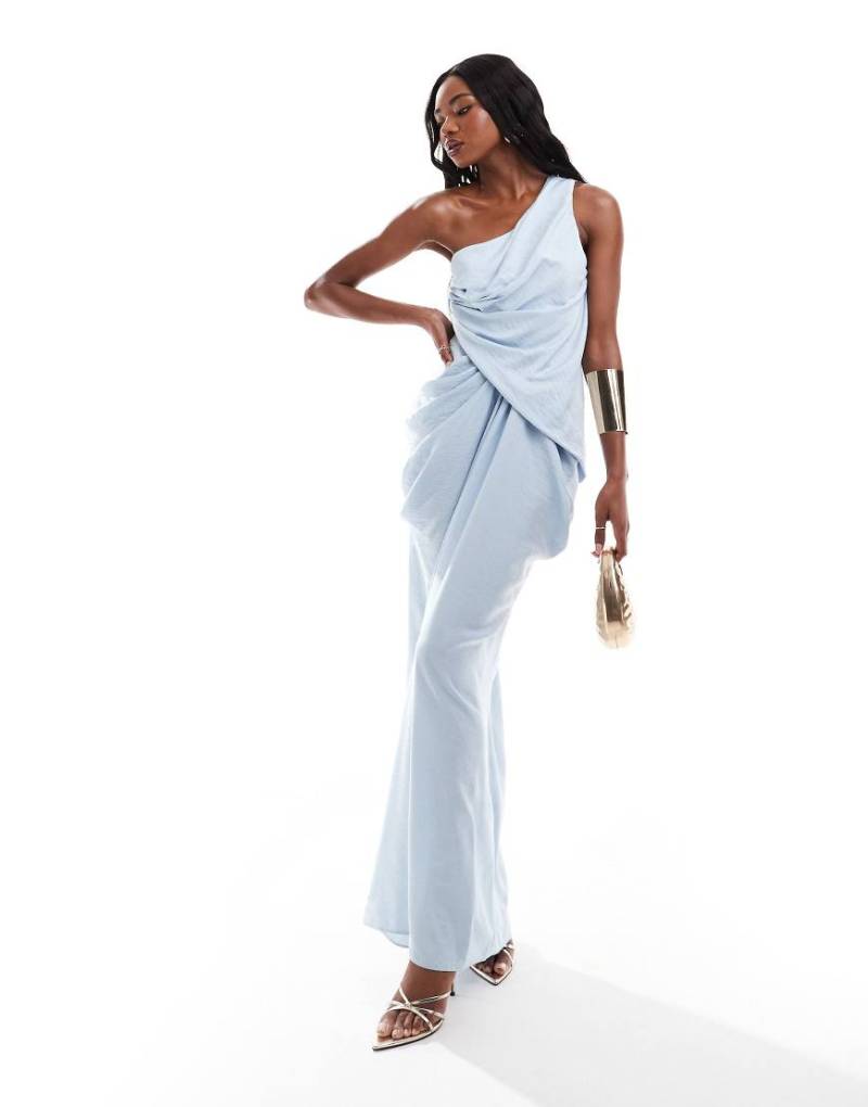 ASOS DESIGN - Drapiertes Maxikleid in Blau mit weitem Rock und One-Shoulder-Träger von ASOS DESIGN