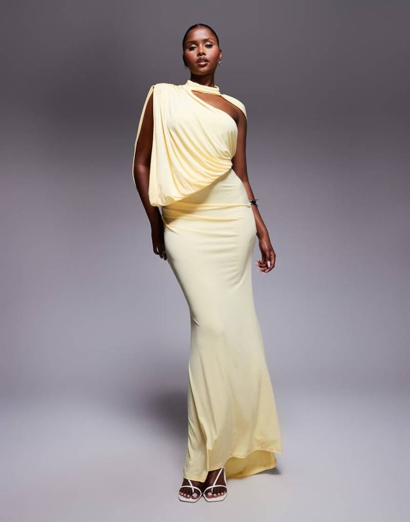 ASOS DESIGN - Drapiertes Maxikleid in Buttermilchgelb mit Cape-Detail und One-Shoulder-Träger von ASOS DESIGN