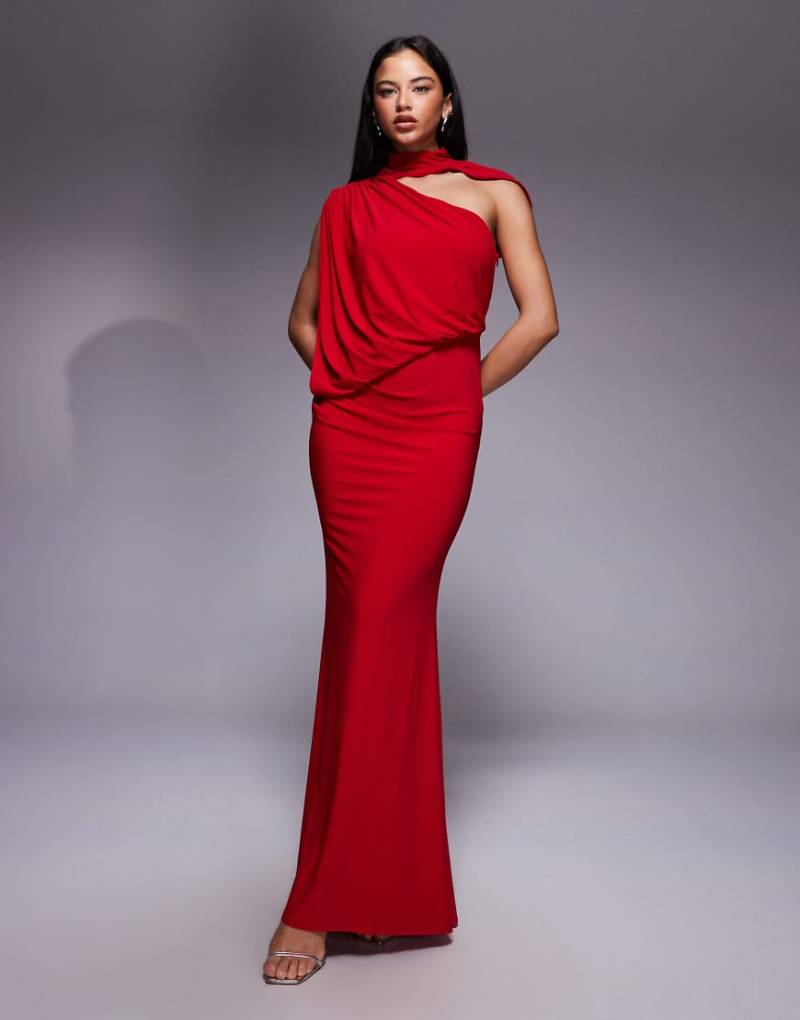 ASOS DESIGN - Drapiertes Maxikleid in Rot mit Cape-Detail und One-Shoulder-Träger von ASOS DESIGN