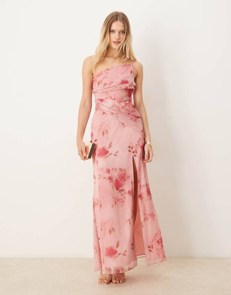ASOS DESIGN - Drapiertes Maxikleid mit One-Shoulder-Träger und rosa Blumenmuster-Bunt von ASOS DESIGN