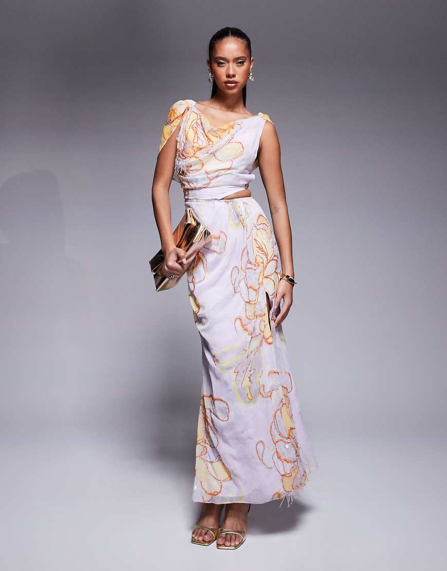 ASOS DESIGN - Drapiertes Midikleid in Blau mit Blumendruck und Verzierung-Bunt von ASOS DESIGN