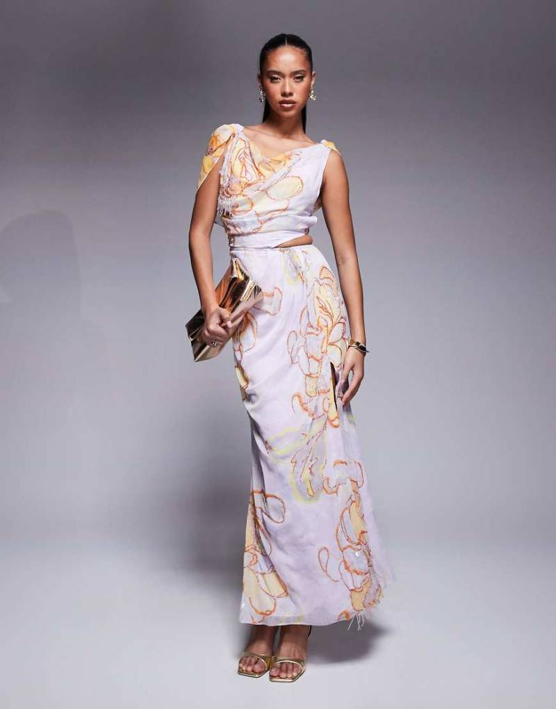 ASOS DESIGN - Drapiertes Midikleid in Blau mit Blumendruck und Verzierung-Bunt von ASOS DESIGN