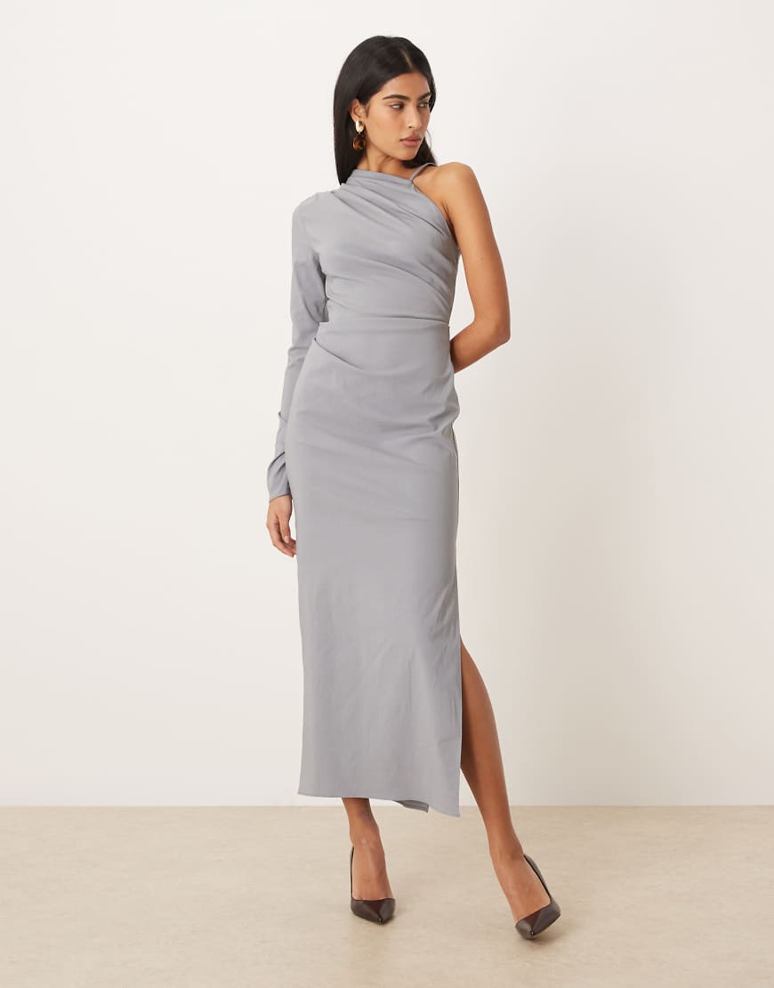 ASOS DESIGN - Drapiertes Midikleid in Grau mit One-Shoulder-Träger von ASOS DESIGN