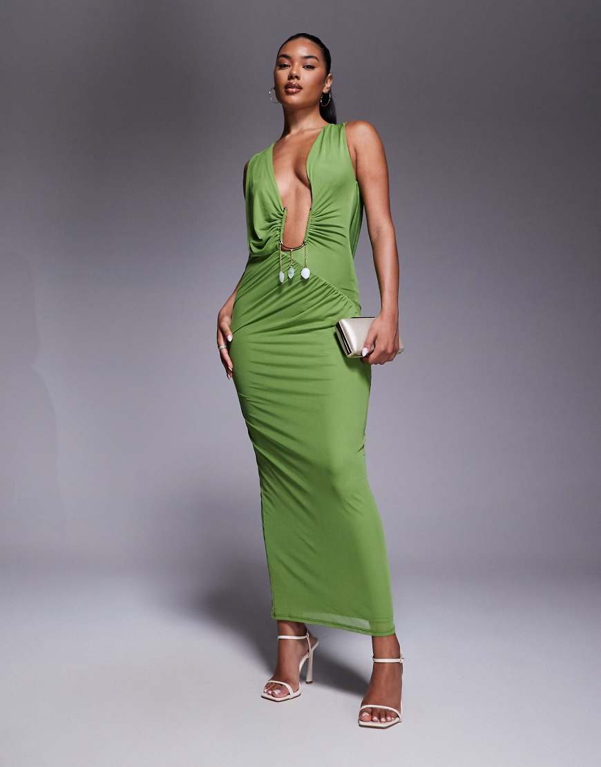 ASOS DESIGN - Drapiertes Midikleid in Grün mit Netzverzierung an der Taille von ASOS DESIGN