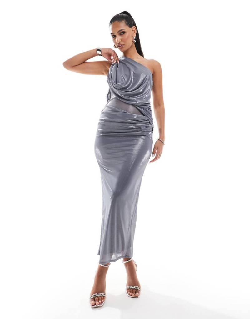 ASOS DESIGN - Drapiertes Midikleid in Metallic-Anthrazit mit One-Shoulder-Träger mit zwei Riemen-Grau von ASOS DESIGN