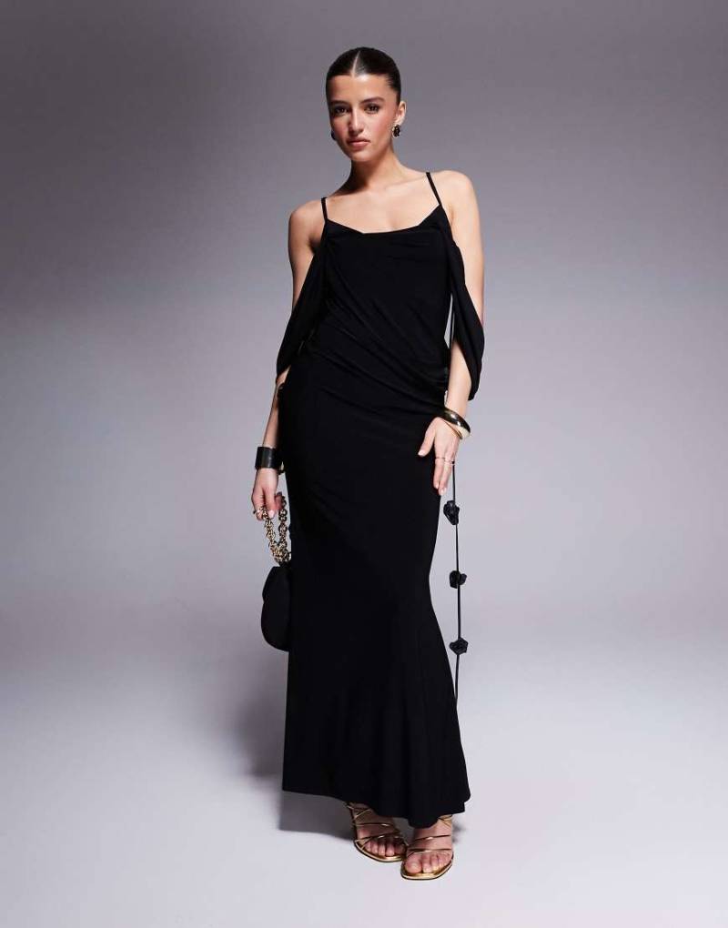 ASOS DESIGN - Drapiertes Midikleid in Schwarz mit gestuftem Carmen-Ausschnitt und Blumenbesatz von ASOS DESIGN