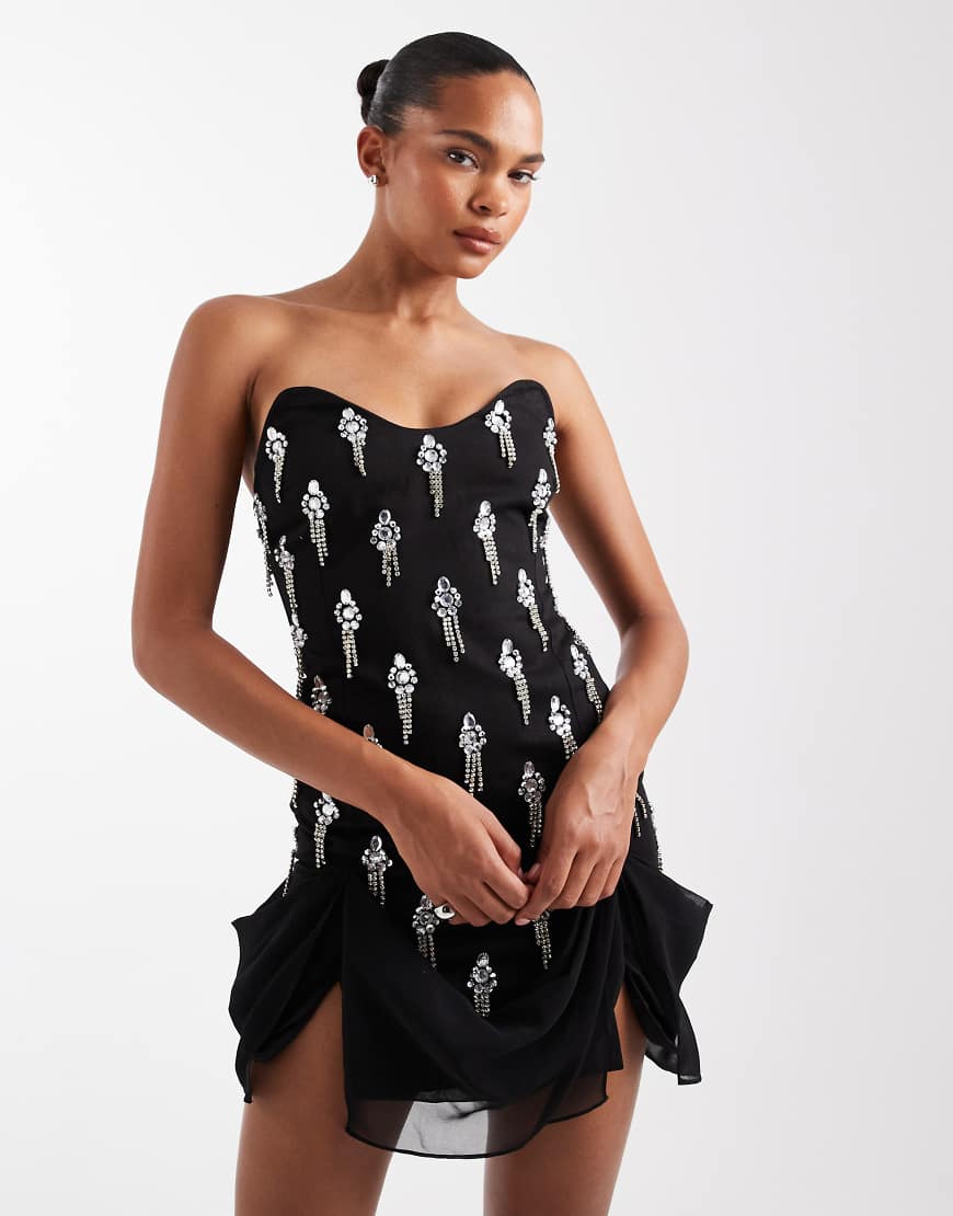 ASOS DESIGN - Drapiertes Minikleid in Schwarz mit Korsettdetail und Verzierung von ASOS DESIGN