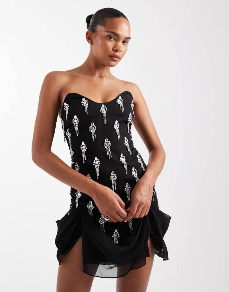 ASOS DESIGN - Drapiertes Minikleid in Schwarz mit Korsettdetail und Verzierung von ASOS DESIGN