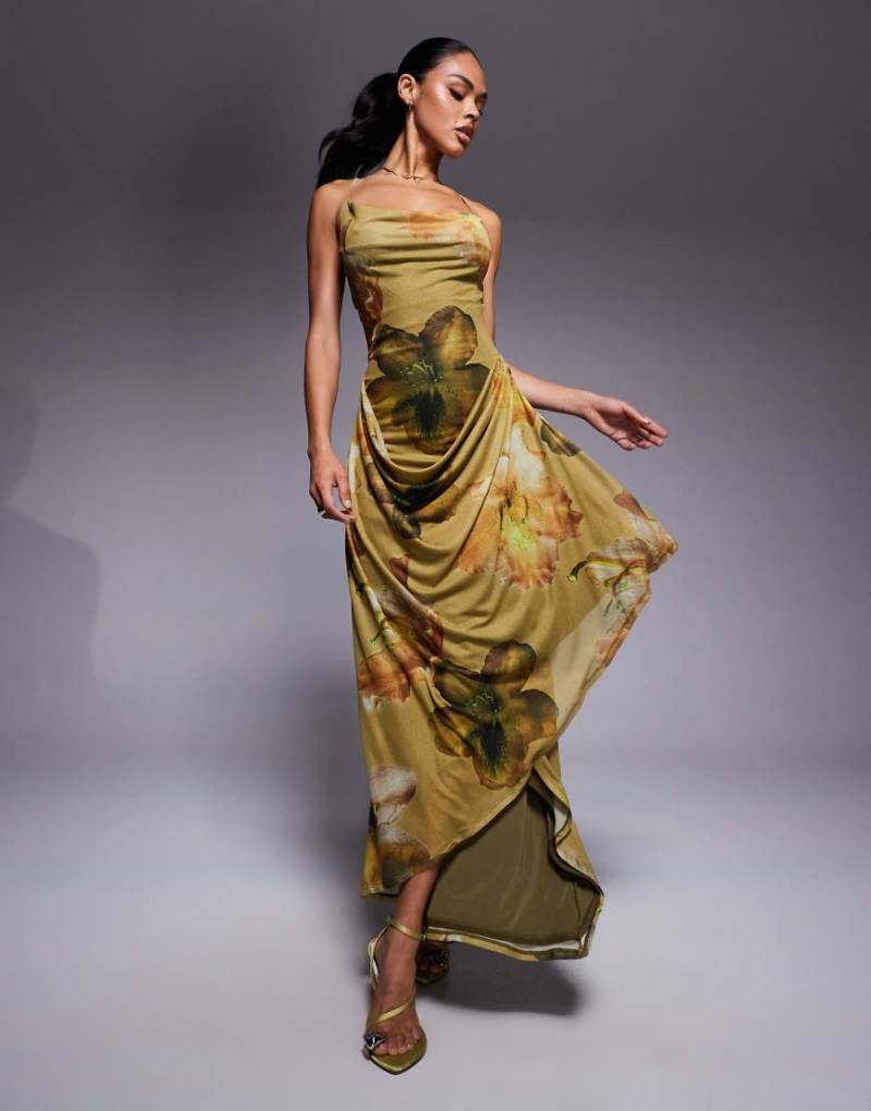 ASOS DESIGN - Drapiertes Neckholder-Maxikleid aus Netzstoff in Grün mit Blumenmuster-Bunt von ASOS DESIGN